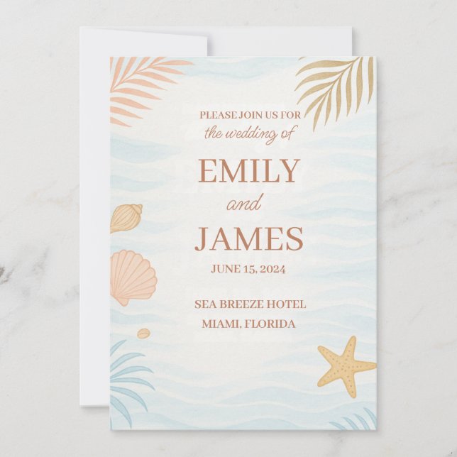 Elegante Invitación a la Boda de Playa, Pastel Cor (Anverso)