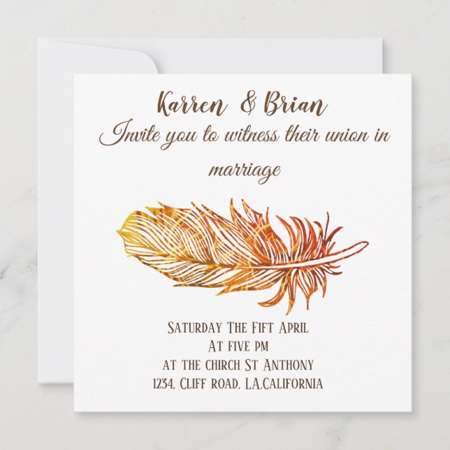 Elegante, Invitación a la Boda de Pluma Dorada (Anverso)