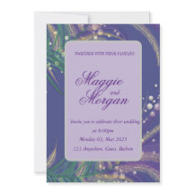 Elegante invitación a la boda de plumas púrpura
