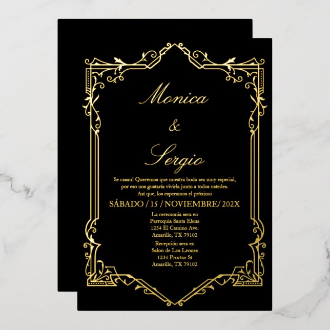 Elegante invitación a la boda de Relieve metalizad (Anverso/Reverso)