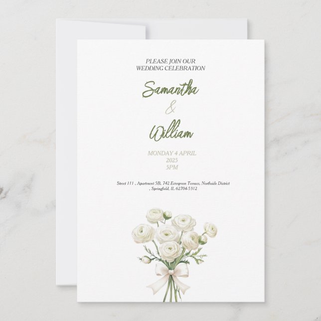 elegante invitación a la boda de rosa blanca dorad (Anverso)