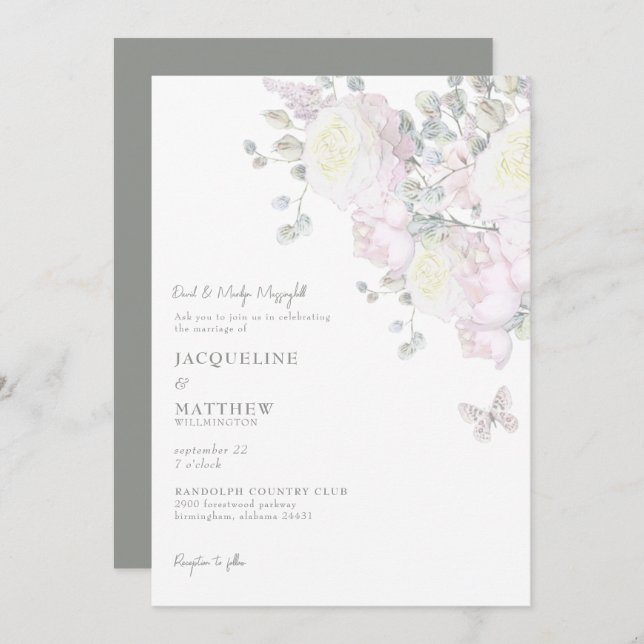 Elegante invitación a la boda de rosado y peony Sa (Anverso / Reverso)