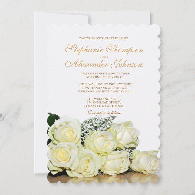 Elegante invitación a la boda de rosas blancas (Anverso)