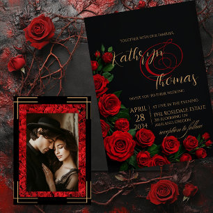 Elegante invitación a la boda de rosas negras y ro