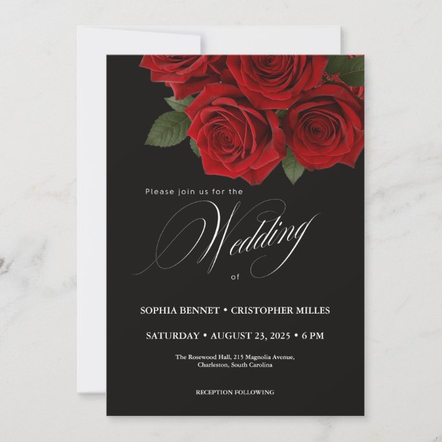 Elegante invitación a la boda de rosas negras y ro (Anverso)