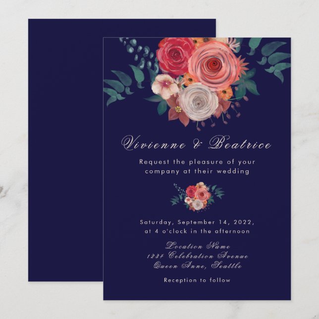 Elegante invitación a la boda de rosas rojas azule (Anverso / Reverso)