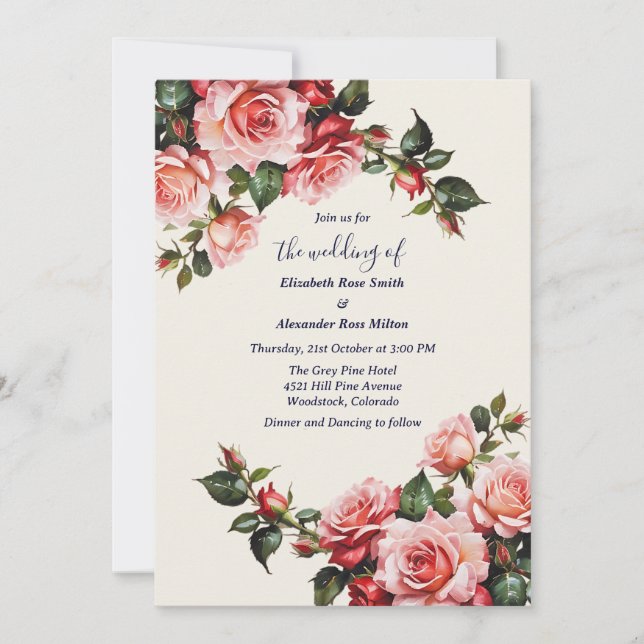 Elegante invitación a la boda de rosas rojas y ros (Anverso)