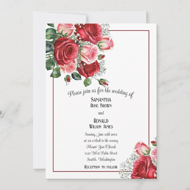 Elegante invitación a la boda de rosas rojas y ros (Anverso)