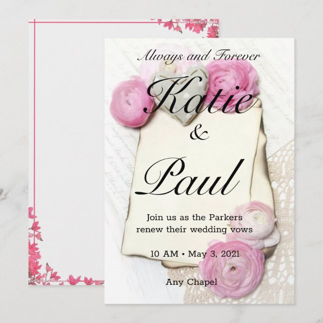 Elegante invitación a la boda de rosas rosadas (Anverso / Reverso)