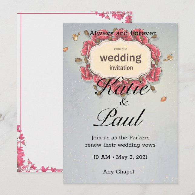 Elegante invitación a la boda de rosas rosadas (Anverso / Reverso)