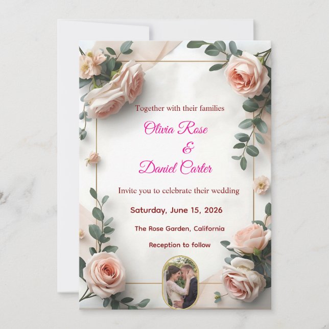 Elegante invitación a la boda de Rubor y Greenery (Anverso)