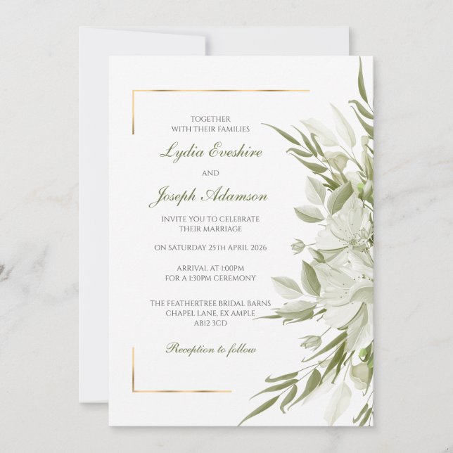 Elegante invitación a la boda de Sage Florals (Anverso)