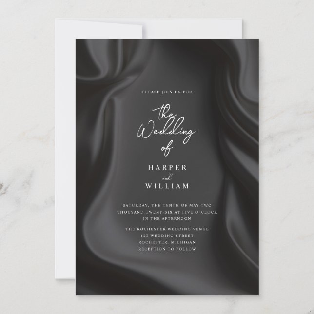 Elegante invitación a la boda de satén negro (Anverso)