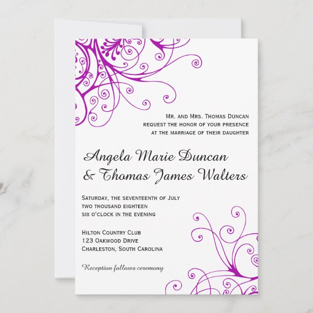 Elegante Invitación a la boda de Swirls Púrpura (Anverso)