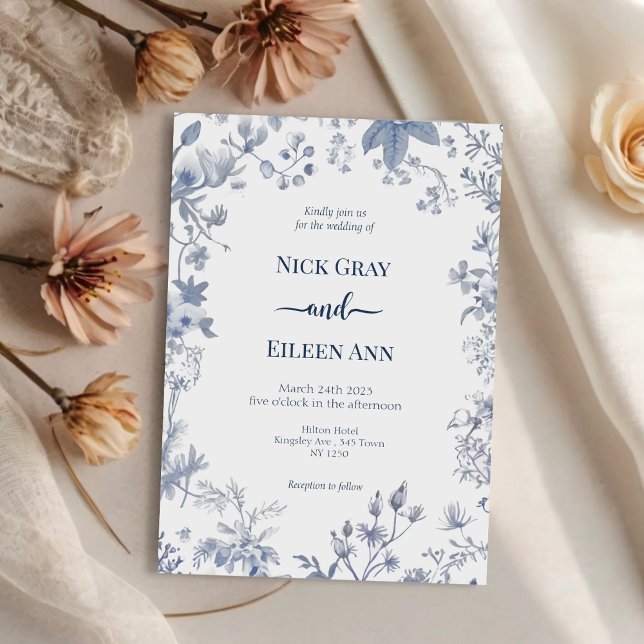 Elegante invitación a la boda de tela francesa azu (Elegant Blue French Toile Wedding Invitation)