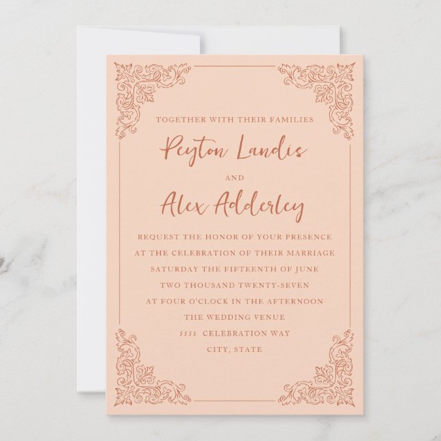 Elegante Invitación a la Boda de Terracota de Peac (Anverso)