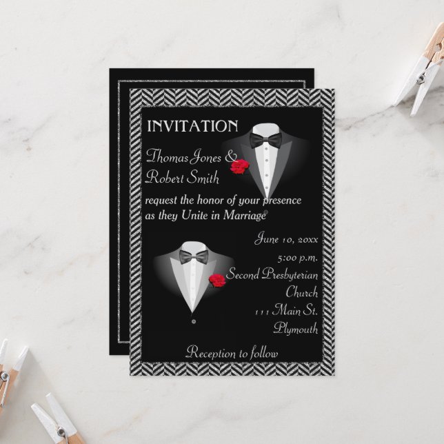 Elegante invitación a la boda de Tuxedo Gay (Anverso/Reverso In Situ)