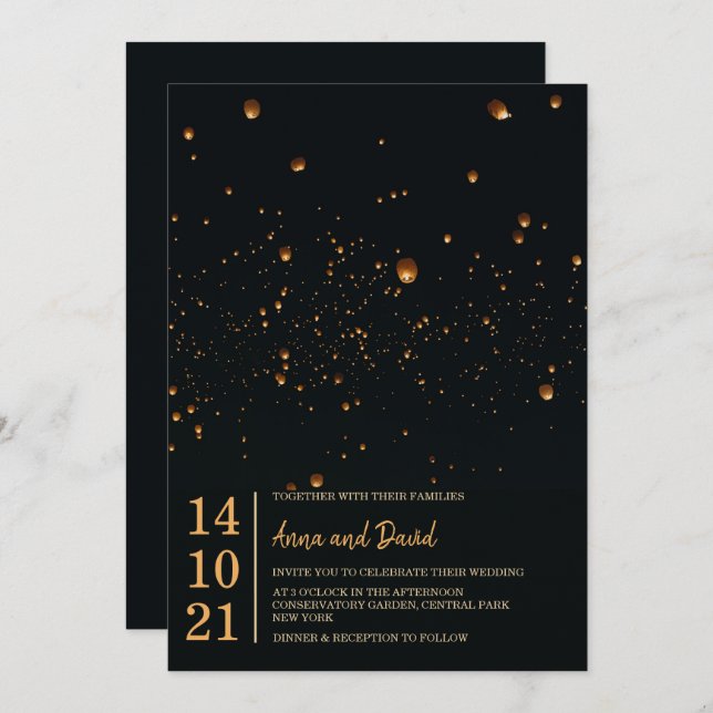 Elegante invitación a la boda de una linterna en e (Anverso / Reverso)