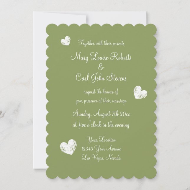 Elegante invitación a la boda de vieira verde musg (Anverso)