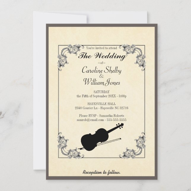 Elegante invitación a la boda de violín moderno (Anverso)