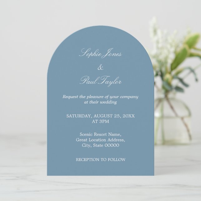 Elegante invitación a la boda del Arco Azul Dusty (Anverso de pie)