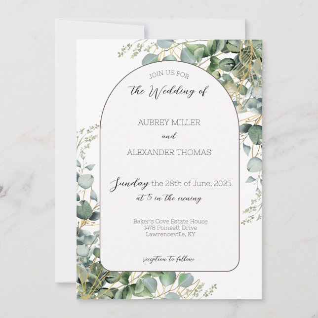 Elegante invitación a la boda del Arco Eucalyptus (Anverso)