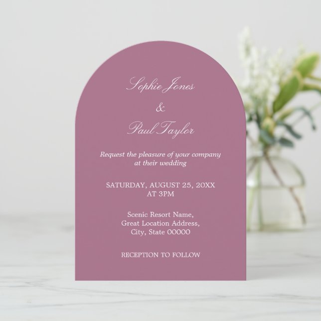 Elegante invitación a la boda del arco mauve (Anverso de pie)