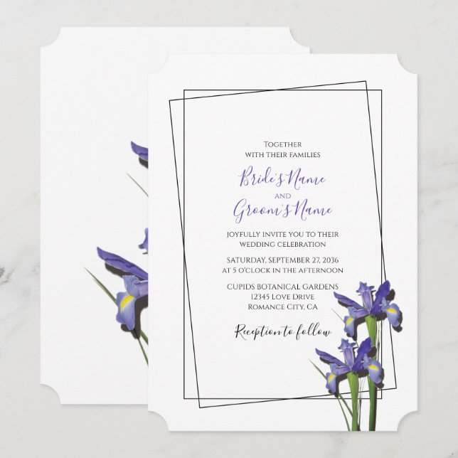 Elegante invitación a la boda del iris púrpura (Anverso / Reverso)