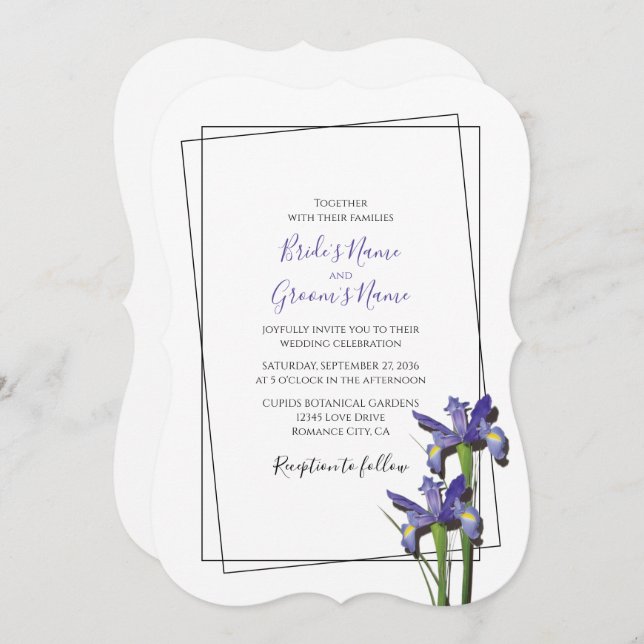 Elegante invitación a la boda del iris púrpura (Anverso / Reverso)