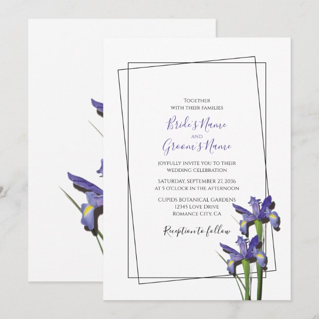 Elegante invitación a la boda del iris púrpura (Anverso / Reverso)
