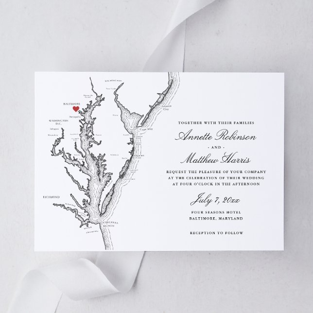 Elegante Invitación a la boda del Mapa de Baltimor (Baltimore Maryland Wedding invitation in elegant black and white from Coastal Map designs)