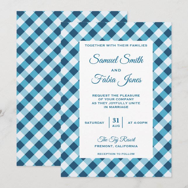 Elegante invitación a la boda del patrón Blue Ging (Anverso / Reverso)