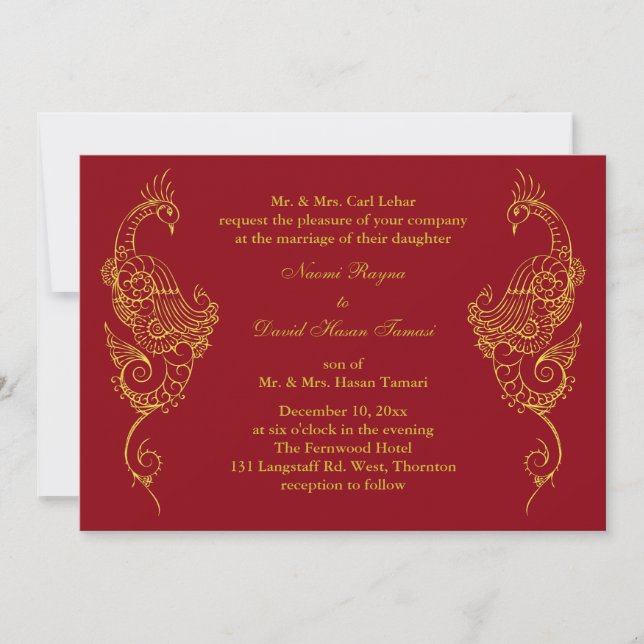 Elegante invitación a la boda del pavo real Mehndi (Anverso)