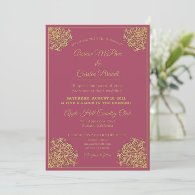 Elegante invitación a la boda dorada (Anverso de pie)