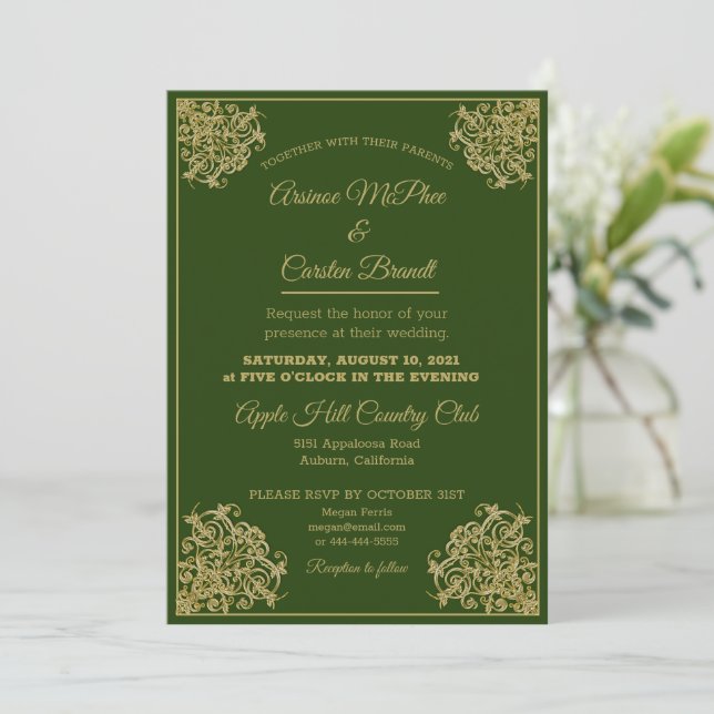 Elegante invitación a la boda dorada (Anverso de pie)