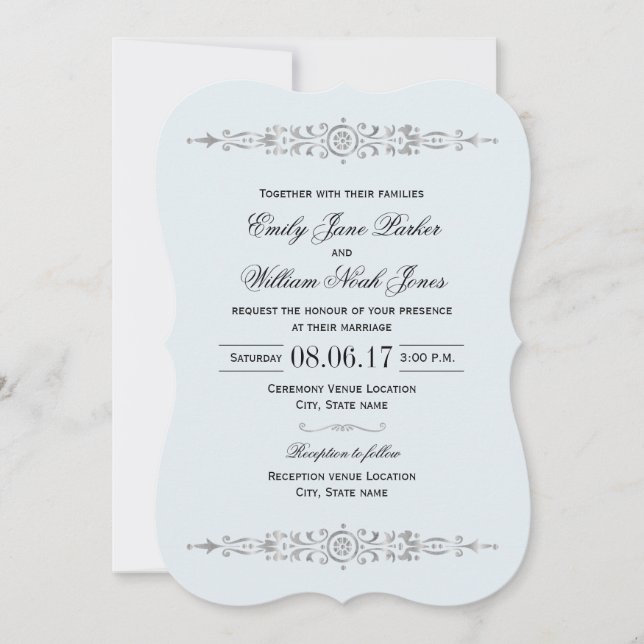 Elegante Invitación a la Boda Dorada Azul (Anverso)