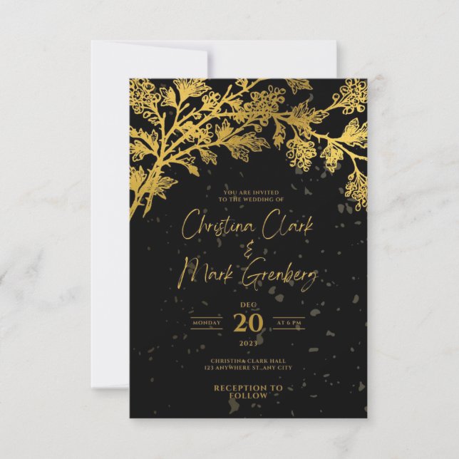Elegante invitación a la Boda Dorada negra moderna (Anverso)