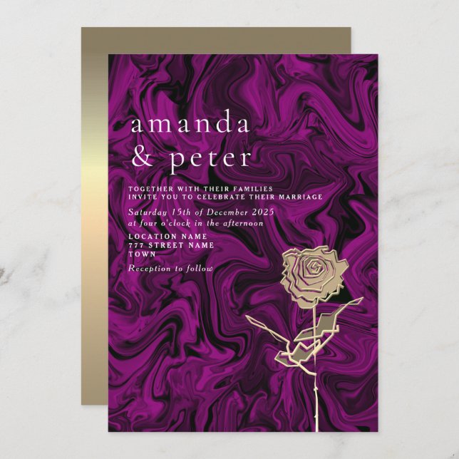 Elegante invitación a la boda dorada y púrpura (Anverso / Reverso)