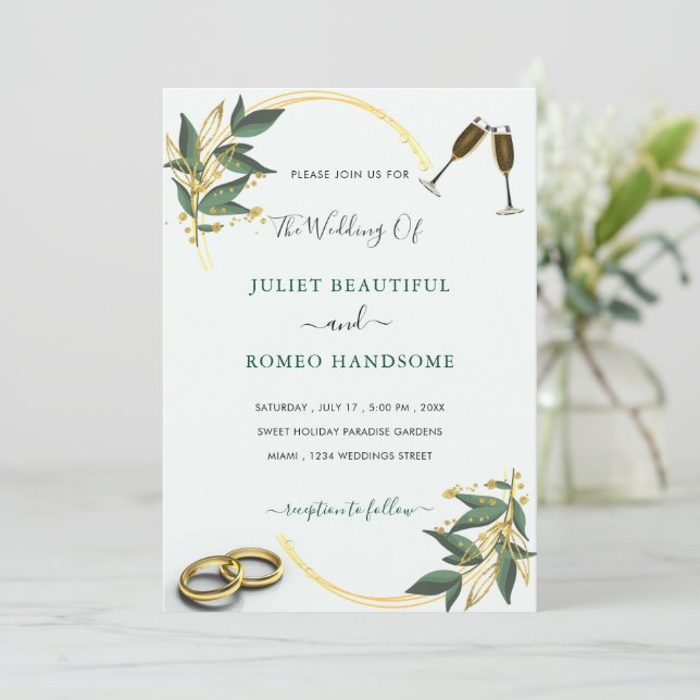 Elegante Invitación a la boda El oro deja la tosta (Anverso de pie)