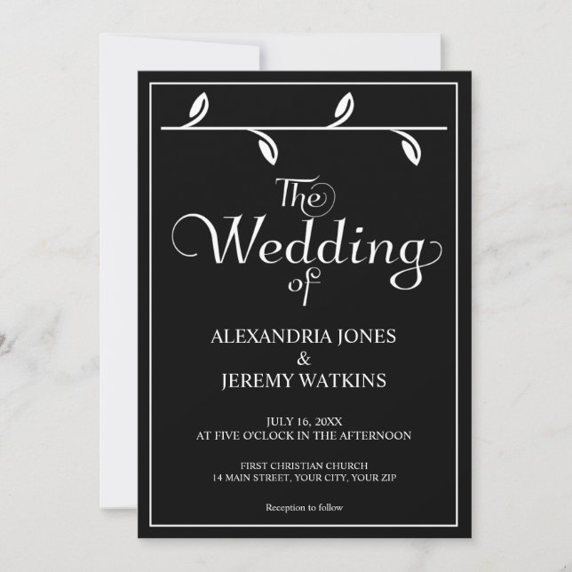 Elegante invitación a la boda en blanco y negro (Anverso)