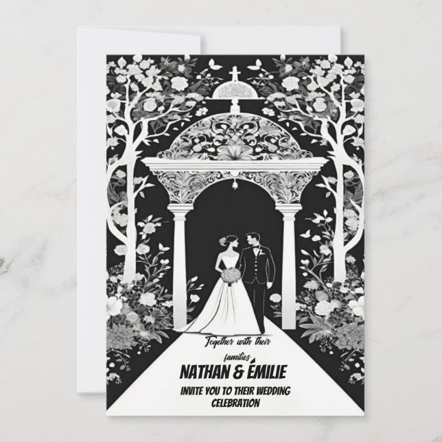 Elegante invitación a la boda en blanco y negro (Anverso)