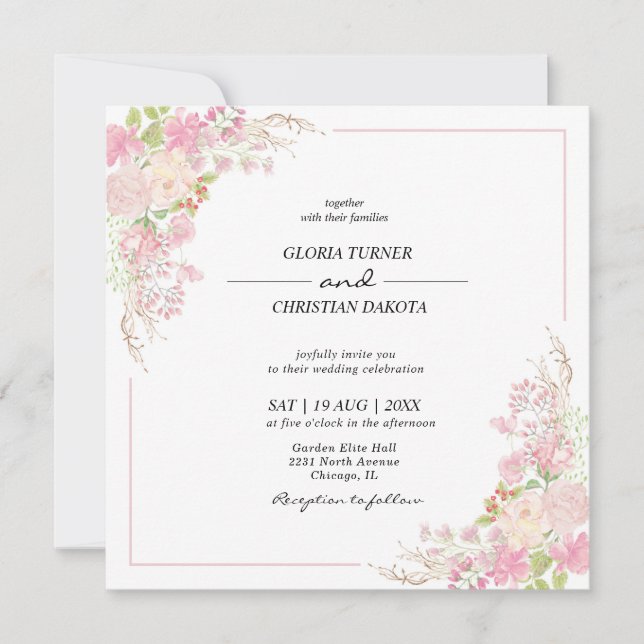 Elegante Invitación a la Boda en Cuadrado de Flore (Anverso)