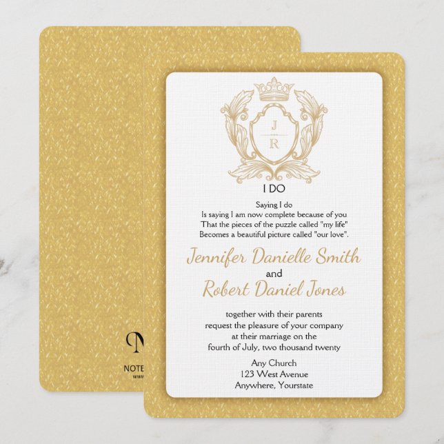 Elegante Invitación a la Boda en Monograma de Oro (Anverso / Reverso)
