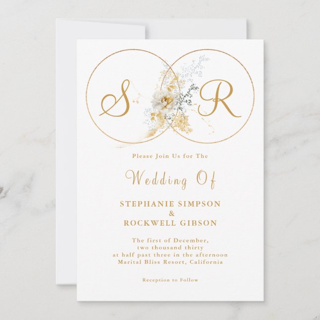 Elegante Invitación a la Boda en Monograma de Oro (Anverso)