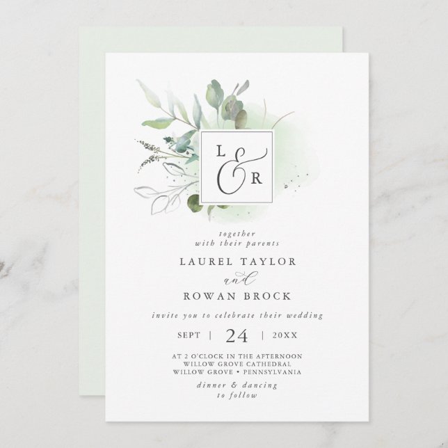 Elegante Invitación a la Boda en Monograma de Verd (Anverso / Reverso)