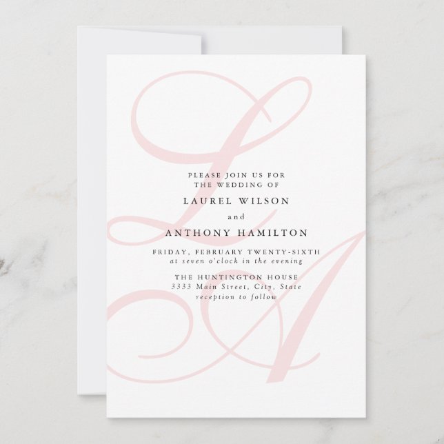 Elegante invitación a la boda en monograma rosa (Anverso)