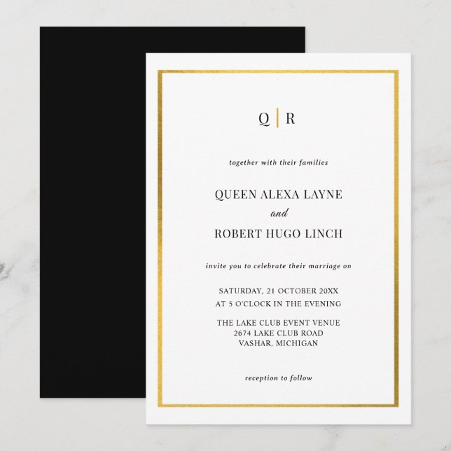 Elegante invitación a la boda en negro y oro (Anverso / Reverso)
