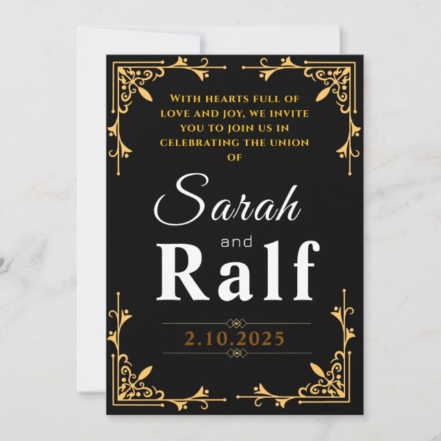 Elegante invitación a la boda en negro y oro (Anverso)