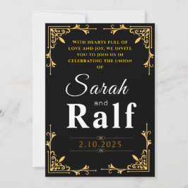 Elegante invitación a la boda en negro y oro