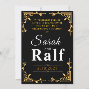 Elegante invitación a la boda en negro y oro